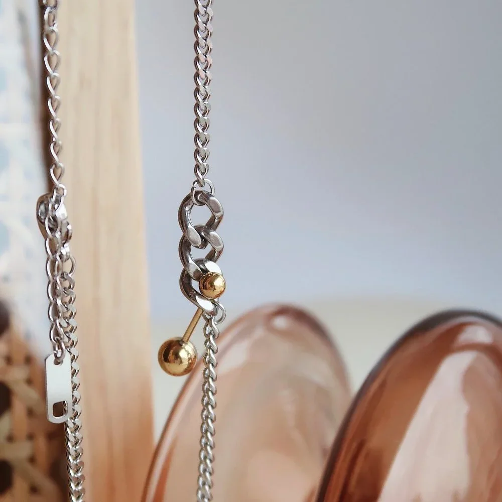 NEW Two Tone 18K Gold Plated Link Chain Gold Ball Bar Necklace